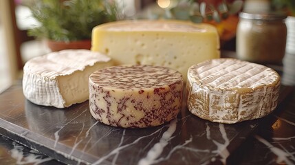 Cheese background. Beautiful assortment of cheeses and vegetables in vintage style on a marble background for design.