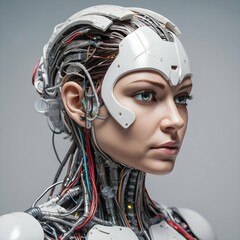 electronic system on head humanoid |cyborg woman| with a visible detailed brain| with a visible detailed heart| muscles cable wires| biopunk| cybernetic| cyberpunk| white marble bust| canon m50| 100mm