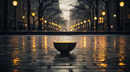 A bowl is sitting on a wet sidewalk in the rain