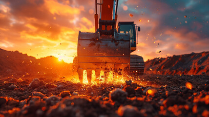 A large construction machine is digging into the ground - obrazy, fototapety, plakaty