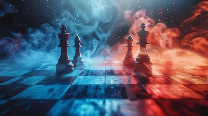 Chessboard warriors face economic trends in a standoff - obrazy, fototapety, plakaty
