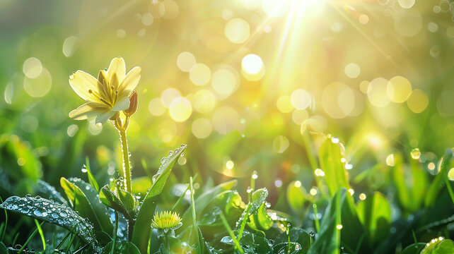 Close up view of bright yellow flower blooming in lush green grass in springtime