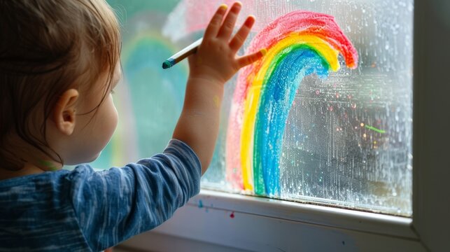 let's all be well. child at home draws a rainbow on the window. Children create artist paints creativity vacation
