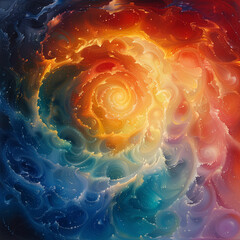 A colorful painting of a spiral with a yellow sun in the center