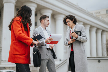 Three professional business associates actively engaged in a discussion with documents and a tablet in front of a classical architecture building.