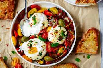 Calabrian tomato and burrata appetizer.selective focus