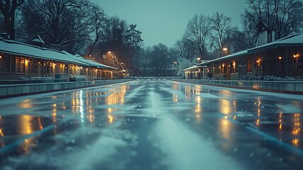 Cool tones of an unoccupied ice rink at dusk