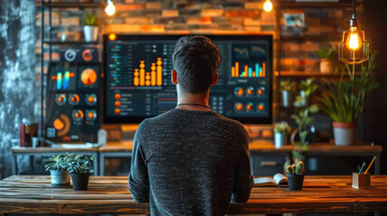 Fototapeta premium Man Sitting at Table Looking at Computer Screen