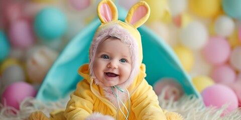 A baby wrapped up warmly in a cute bunny ears hat and scarf.