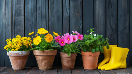 Fototapeta na wymiar collection of flowering plants in terracotta pots arranged on a dark wooden deck