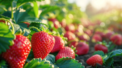 Fresh appetizing strawberries growing on a sunny summer field, copy space.