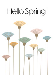 Fototapeta na wymiar Hello Spring - Schriftzug in englischer Sprache - Hallo Frühling. Grußkarte mit modernen abstrakten Blumen in Pastellfarben.