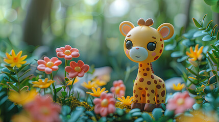 A charming 3D illustration of a cartoon giraffe standing amidst a colorful array of flowers in a lush, fantasy-like garden.