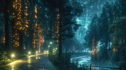 Illuminated Trees in Rainy Forest