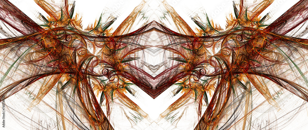 Poster a light airy golden pattern of curls, wavy lines and swirls on a white background. abstract fractal 
