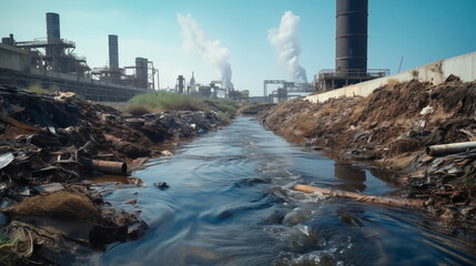 Sewage from the sewer pollutes a lake. Waste from the pipe winds into the river. Factories pollute the environment. Pollution - obrazy, fototapety, plakaty