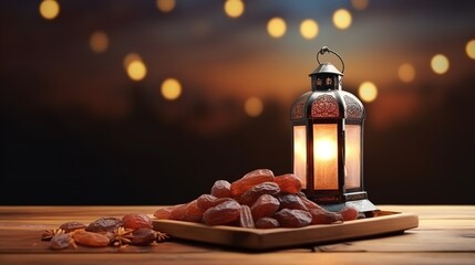 Lantern with a Bowl of Dried Dates on Wooden