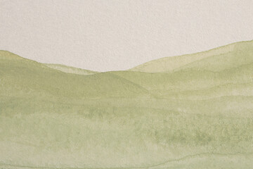 Ink watercolor hand drawn smoke flow line wave blot mountain landscape on wet grain paper texture background. Beige, green colors.