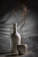 Modern still life with a dry branch in a white vase