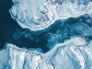 Fototapeta na wymiar Aerial view of a Frozen expanse, crystalline waters, surrounding snow-capped mountains