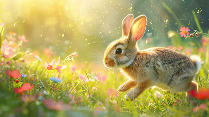 Fototapeta na wymiar Curious Bunny in Lush Springtime Garden