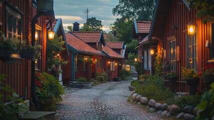 Evening lights over traditional Scandinavian architecture - obrazy, fototapety, plakaty