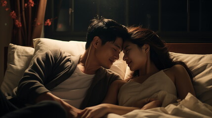 Happy asian couple flirting and speaking in the morning on a comfortable bed at home or hotel room. Comfort concept - obrazy, fototapety, plakaty