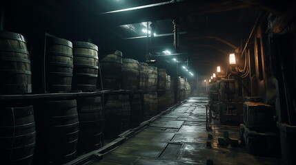 Wooden barrels in a barn. Rows of barrels in a dark barn.