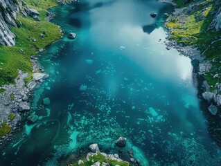 Fototapeta na wymiar Aerial view of a Crystal-clear waters, towering peaks, reflections of nature 