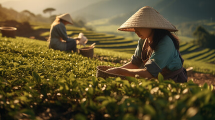 Asian woman picking tea leaves at field. Asian girls picking tea on a sunny day - obrazy, fototapety, plakaty