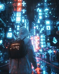 Digital Explorer, modern attire, navigating a maze of glowing social media icons and virtual landscapes Overcast weather, 3D render, chromatic aberration camera effect