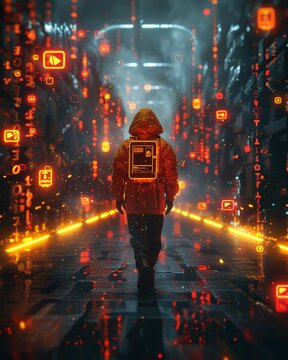 Digital Explorer, modern attire, navigating a maze of glowing social media icons and virtual landscapes Overcast weather, 3D render, chromatic aberration camera effect