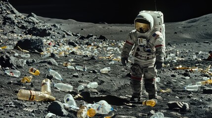 Astronaut on the moon cleaning up Plastic bottle pollution - AI Generated Digital Art