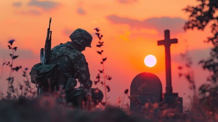 A soldier in military uniform kneeling at a gravesite - AI Generated Digital Art - obrazy, fototapety, plakaty