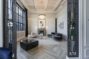 stylish cozy light bright luxurious spacious interior of a country house white walls with...