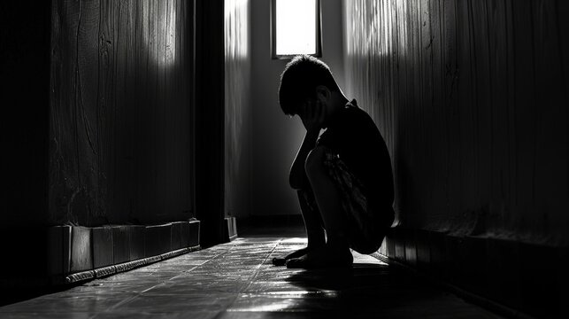 Sad child suffering from depression sitting alone in corridor feeling loneliness. Scared fearful small boy covering face in silhouette at home