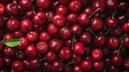 table full of vibrant fresh, ripe cherries covered with water droplets, top down view - AI Generated Digital Art