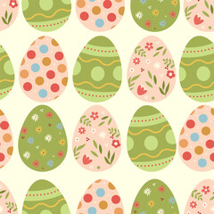 Easter colored eggs simple pattern. Easter eggs seamless pattern with flowers and dots. Easter symbol, decorative vector elements.
