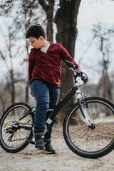 A boy takes a relaxing bike ride along a park trail, experiencing the joy and freedom of childhood outdoors.