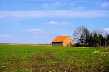 Grünes Landschaft Panorama mit Ackerfeld, Bauernscheune, Baum vor blauem Himmel weißem Wolken bei...