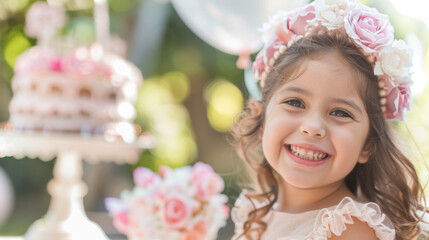 A cheerful young girl with a flower crown smiles brightly at a festive birthday party.