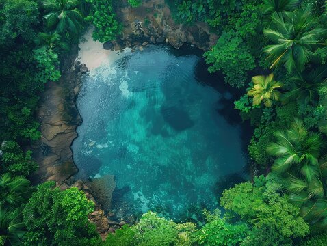 Aerial view of a Hidden coves, lush jungles, pristine beaches, tropical paradise.
