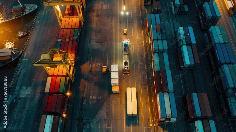 Poster container cargo freight ship during discharging at industrial port and move containers to container 