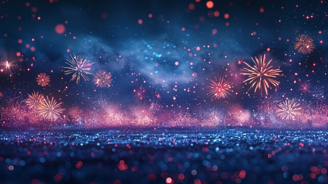 Bright fireworks bursting in the night sky over glittering indigo ground with subtle sparkle