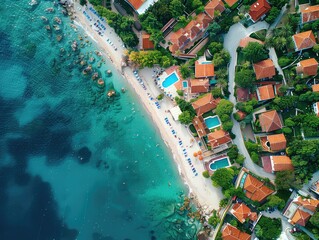Aerial view of a Beachfront promenades, ocean views, seaside attractions, coastal leisure. 
 - obrazy, fototapety, plakaty