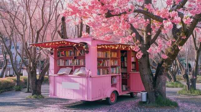 pink mobile library with fairylights, books, flowers, in a cherry blossom tree park, many cherry blossom trees in the background, , cherry blossom petals on the ground around the book mobile 