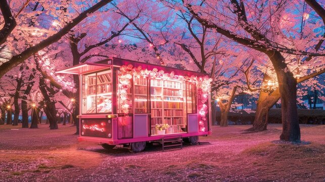 pink mobile library with fairylights, books, flowers, in a cherry blossom tree park, many cherry blossom trees in the background, , cherry blossom petals on the ground around the book mobile