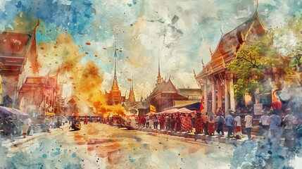 close up on songkram festival Bangkok Thailand as a vintage watercolors painting