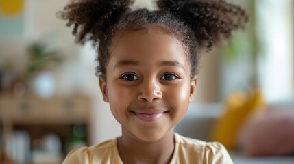 Smiling cute little African American girl with two pony tails looking at camera. Portrait of happy female child at home. Smiling face a of black 4 year old girl looking at camera with afro puff hair.