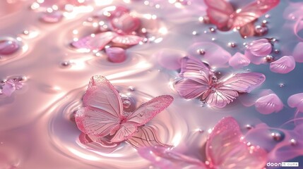 Fototapeta premium Pink butterflies flutter gracefully on the waters surface.